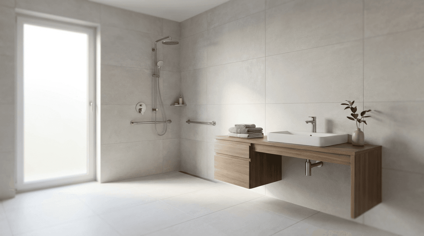 Barrierefreies Bad mit bodengleicher Dusche und unterfahrbarem Waschtisch