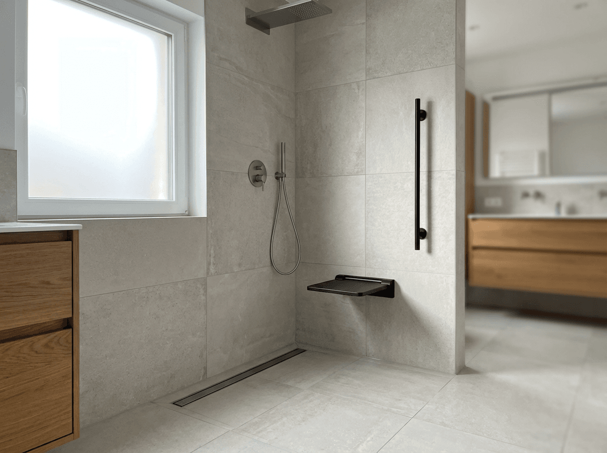 Detail einer bodengleichen Dusche mit Haltegriff und Klappsitz