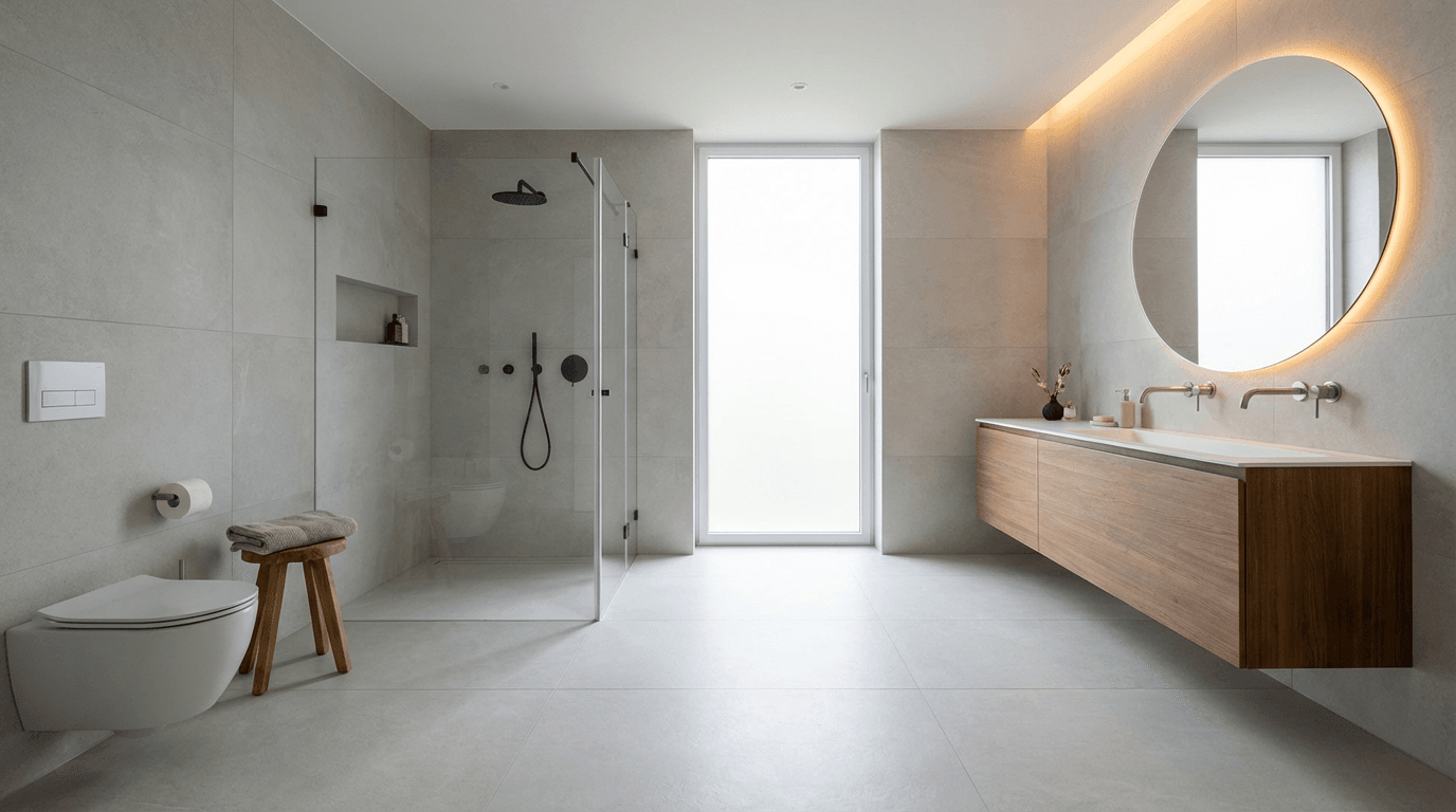 Modern saniertes Bad mit bodengleicher Dusche und hellen Fliesen