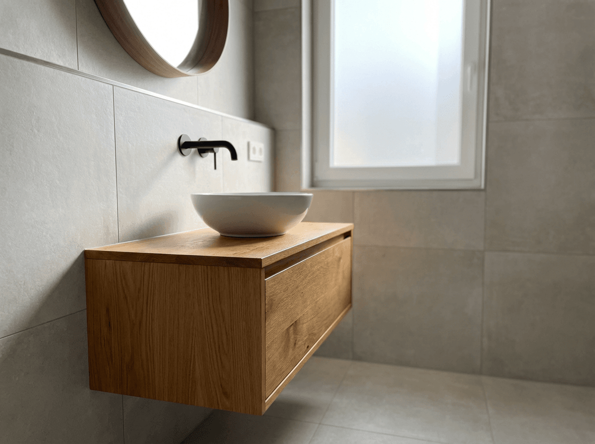 Detail einer modernen Badsanierung mit Holz- und Fliesenelementen