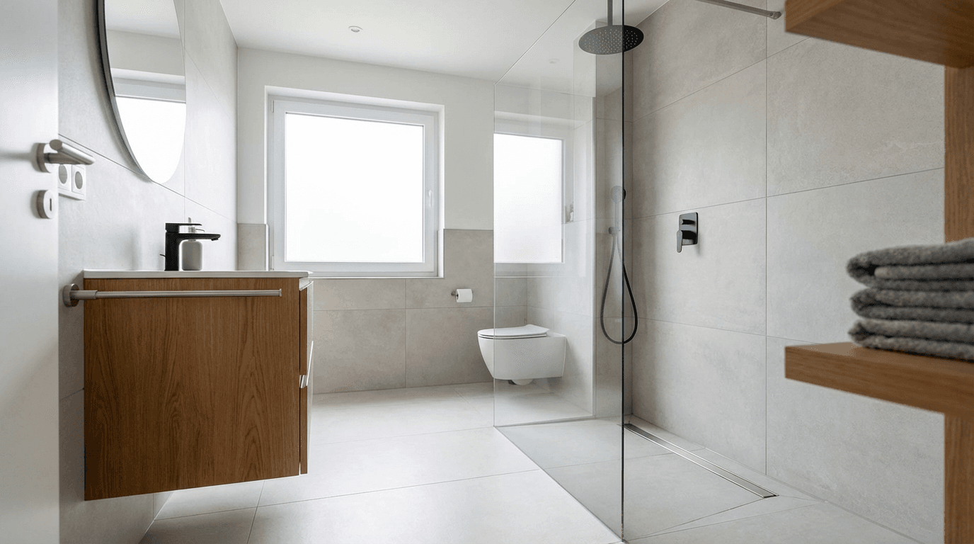 Moderne Walk-in-Dusche mit Glaswand und großformatigen Fliesen
