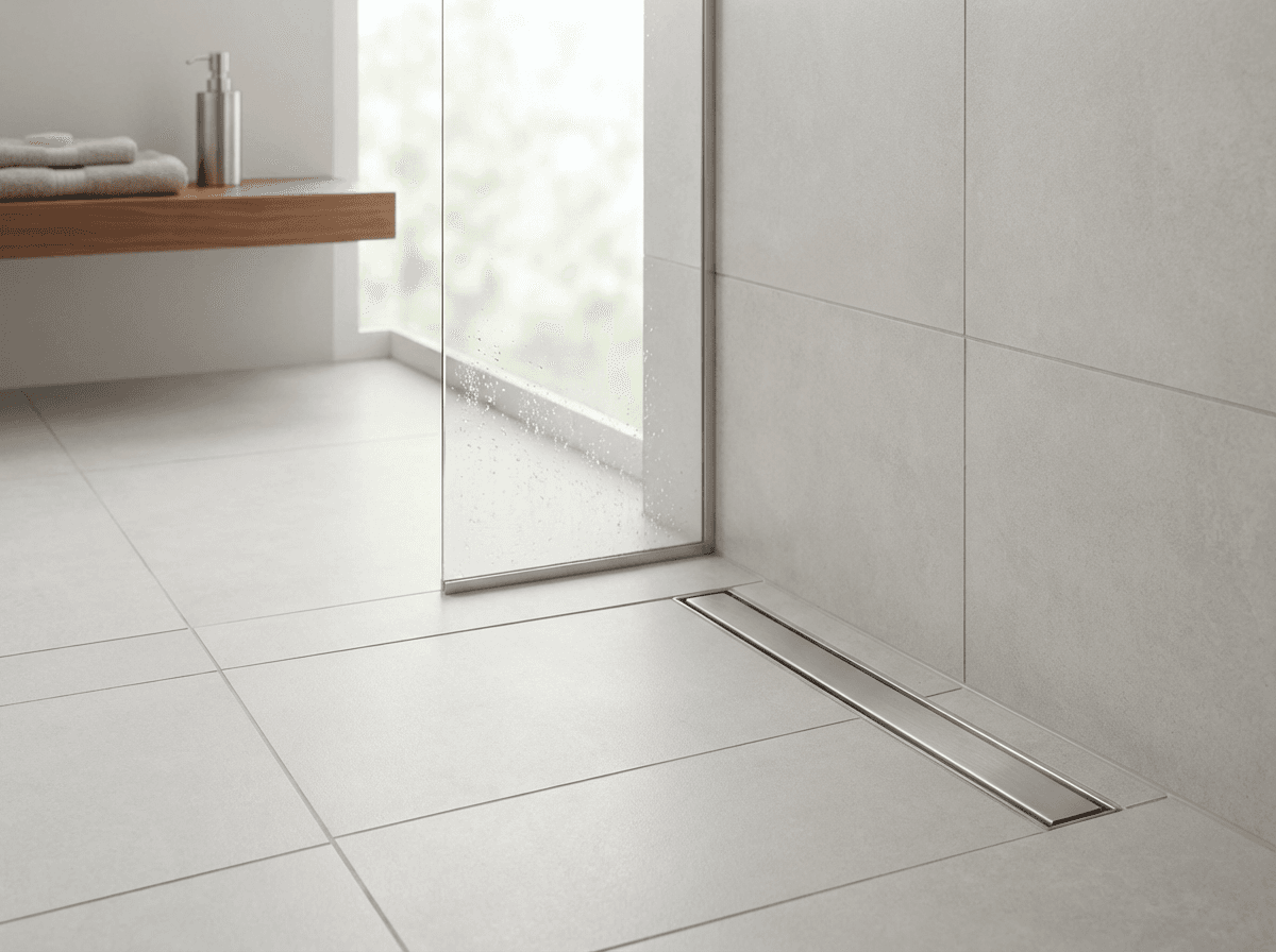 Detail einer Walk-in-Dusche mit Duschrinne und Glastrennwand